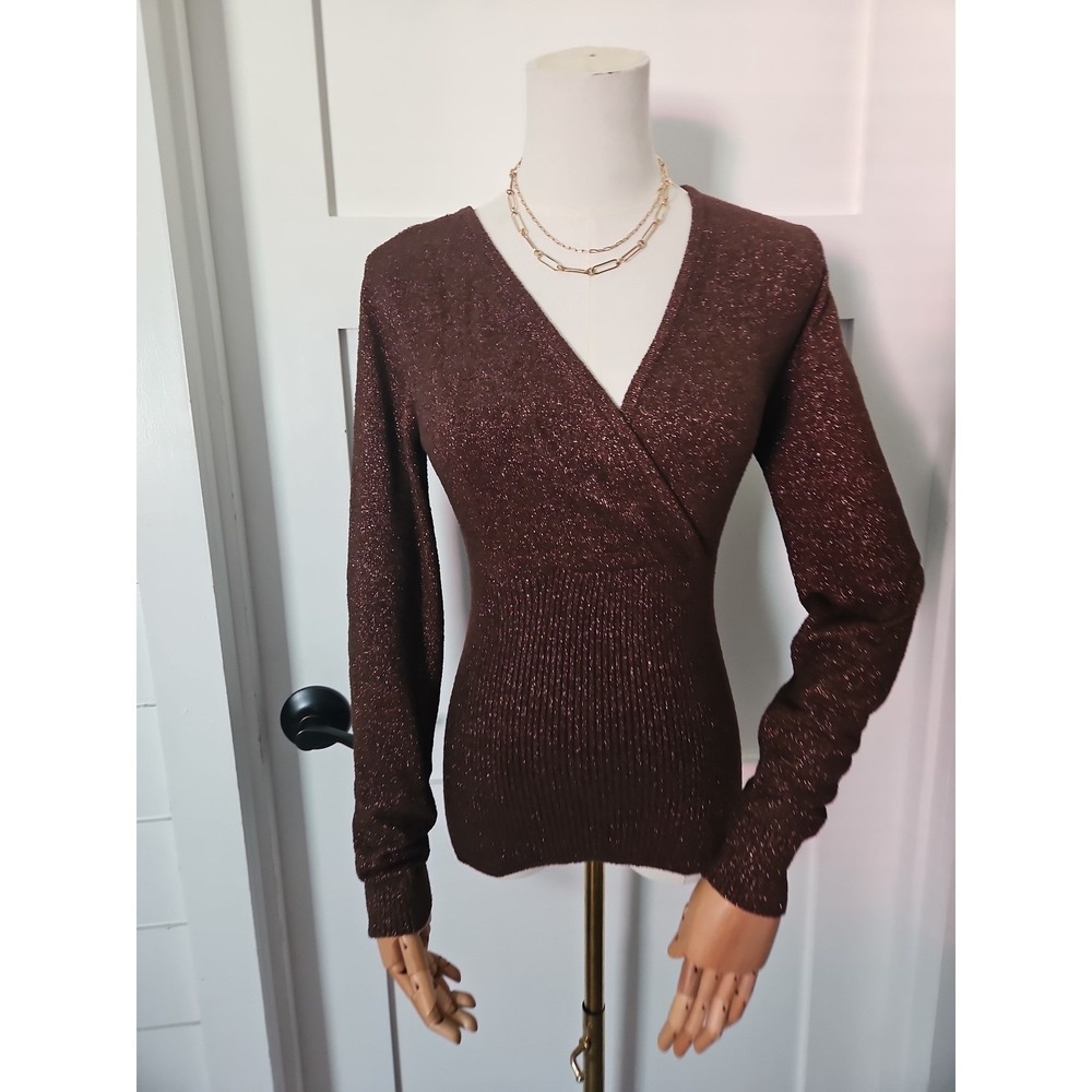 Caché‎ Metallic Knit Top M Medium Bronze Brown Glitter Shimmer Wrap Sweater VTG